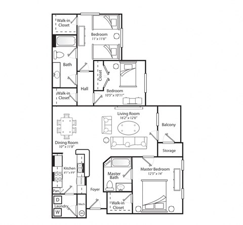 Floor plan for 3 beds, 2 baths, 1350 sqft